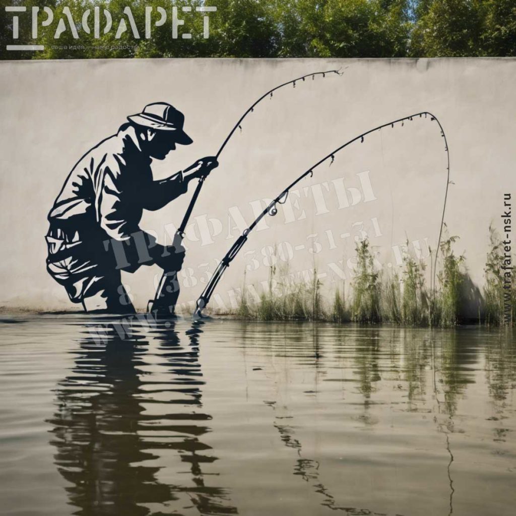 Трафарет прокрашенный на стене на тему Рыбалка: «Рыбак стоящий по колене в воде, закидывающий спиннинг»