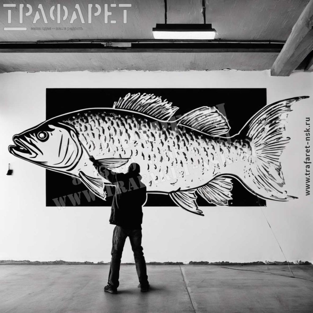 Трафарет Рыбалка - Большая рыба нарисована через трафарет на стене гаража или склада